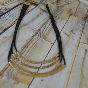 Layered Black Cord Gold Bar Statement Necklace